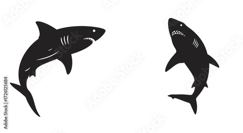 Two stylized black shark silhouettes, rendered in a vector graphic format, are depicted against a clean, white background, suitable for various design applications and projects.