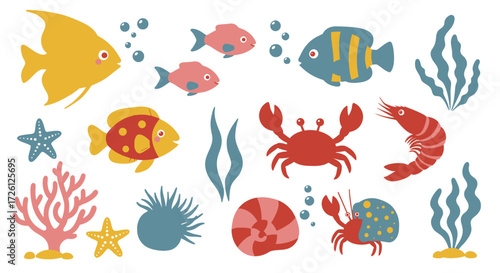 A vibrant vector illustration showcases a diverse collection of sea creatures, including colorful fish, a crab, shrimp, and starfish, set against a clean background.