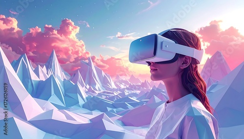 A woman in a VR headset looks at a surreal landscape of polygonal mountains under a pastel sky