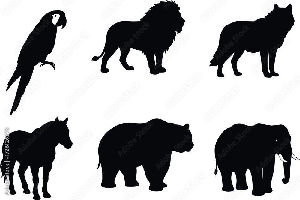 Obraz premium Collection of wild animal silhouettes including parrot, lion, wolf, horse, bear, and elephant vector illustration for design and decoration