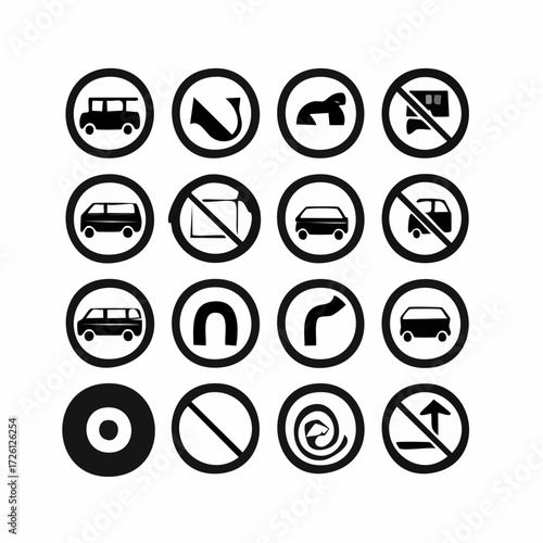 A versatile set of monochrome circular icons representing various road signs, traffic regulations, and vehicle symbols for graphic design
