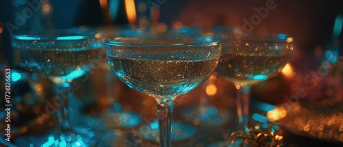 Elegant Champagne Coupes Glistening in Vibrant Teal and Gold Festive Lights.