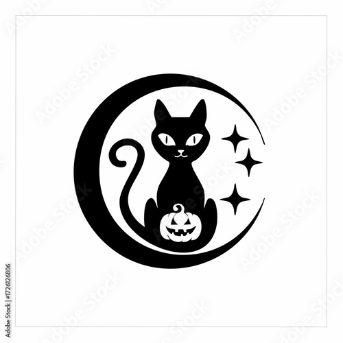 A delightful black cat silhouette perched on a crescent moon, holding a festive Halloween pumpkin, surrounded by twinkling stars, perfect for autumn holiday designs