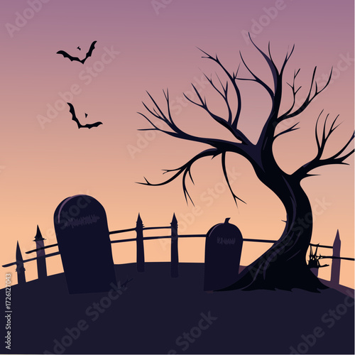 Halloween Cemetery Scene with Tombstones, Bare Tree, and Bats Silhouettes at Dusk