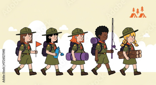 World Scout Day Illustration of a troop of young girls in uniform on a camping expedition, representing adventure, friendship, and outdoor education