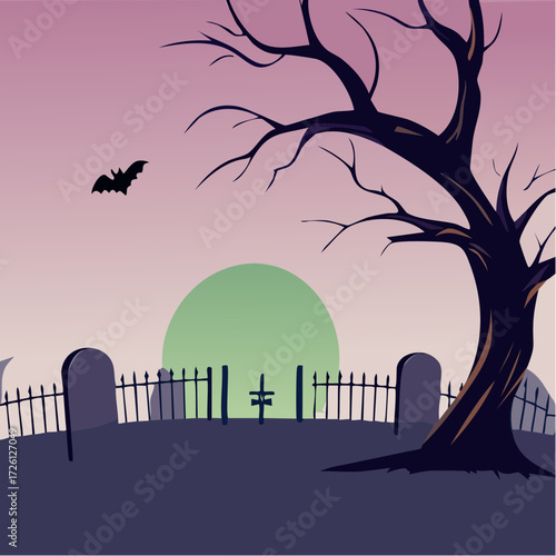 Spooky Halloween graveyard scene at dusk with a bat flying across a pale moonlit sky and silhouetted trees and tombstones