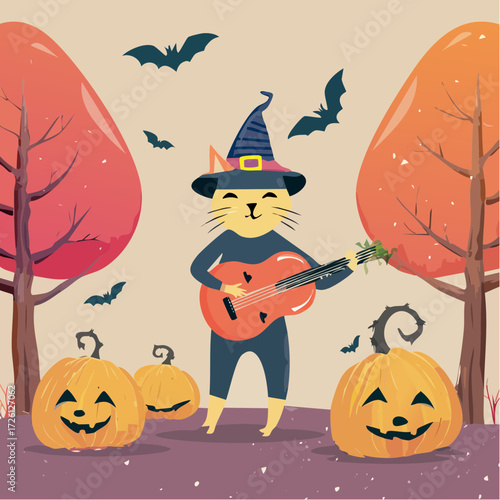 Whimsical Halloween art A cute witch cat plays guitar for smiling pumpkins, surrounded by bats and autumn trees, creating a joyful and festive musical scene