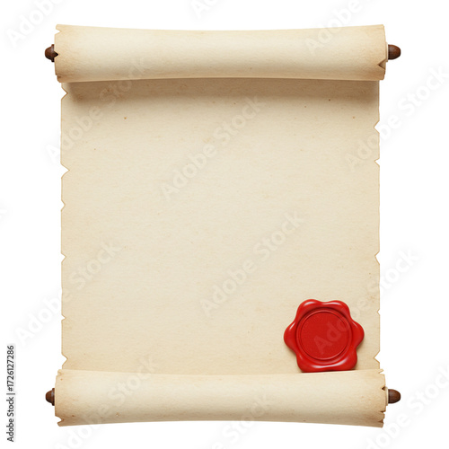 Realistic open parchment scroll with red wax seal isolated isolated on white background	