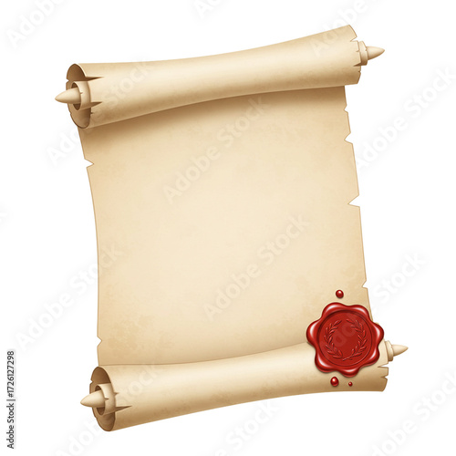 Realistic open parchment scroll with red wax seal isolated isolated on white background	