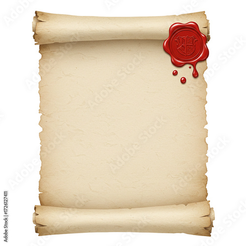 Realistic open parchment scroll with red wax seal isolated isolated on white background	
