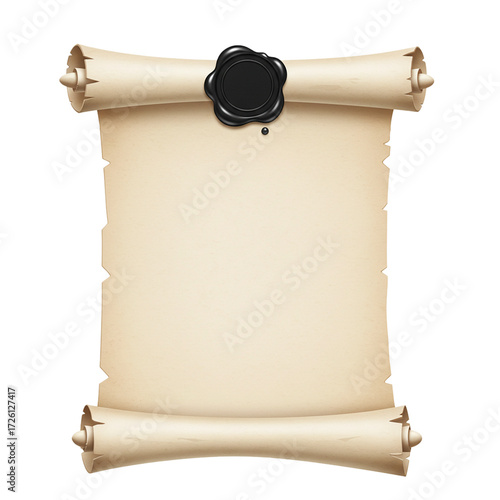 Realistic open parchment scroll with black wax seal isolated isolated on white background	