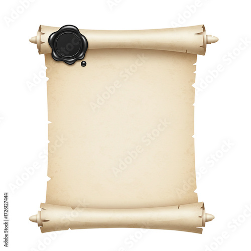 Realistic open parchment scroll with black wax seal isolated isolated on white background	