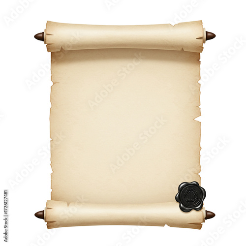 Realistic open parchment scroll with black wax seal isolated isolated on white background	