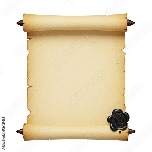 Realistic open parchment scroll with black wax seal isolated isolated on white background	