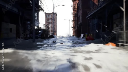 Urban Flood Disaster - City Streets Submerged in Water.