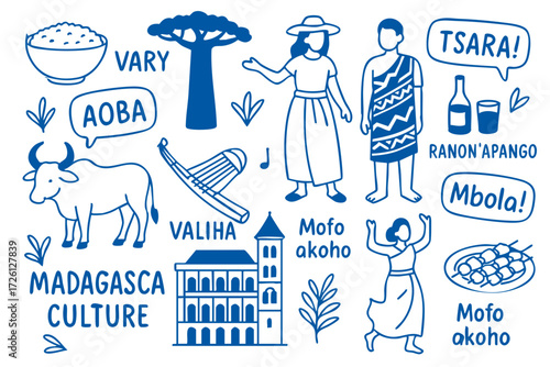 Madagascar Culture Illustration Set – Traditional People, Music, Dance, Food, and Symbols