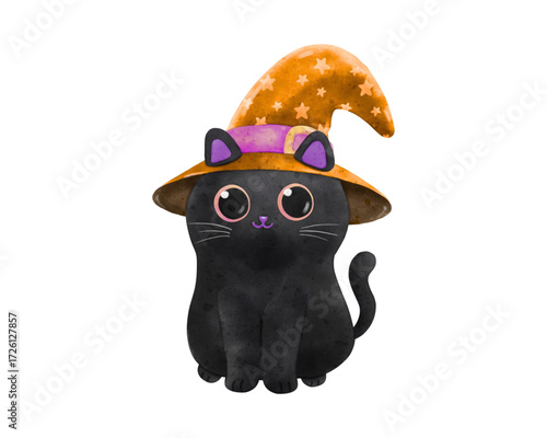 Adorable black cat in an orange witch hat, a cute kawaii character illustration for Halloween celebrations isolated on a white background