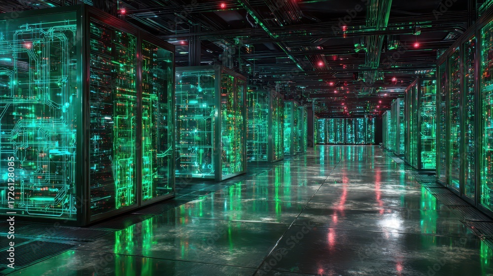 Fototapeta premium Intricate Server Room, Glowing Green Technology, Dark Corridor.
