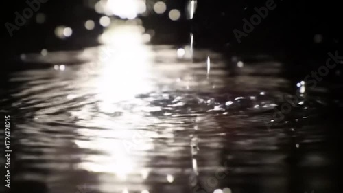 Water Droplets Falling on Still Water Surface at Night.
