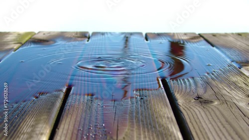 Water Droplets Impacting Wooden Deck Surface.