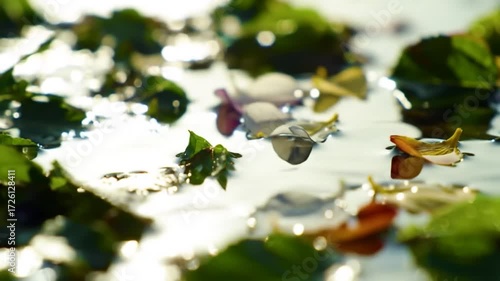 Water Reflections - Tranquil Pond Scene with Floating Leaves.