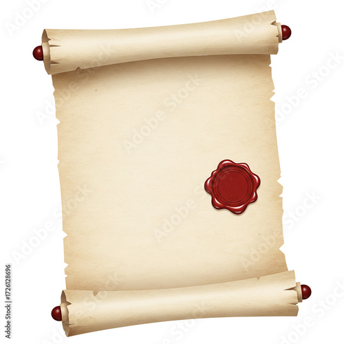 Realistic open parchment scroll with red wax seal isolated isolated on white background	