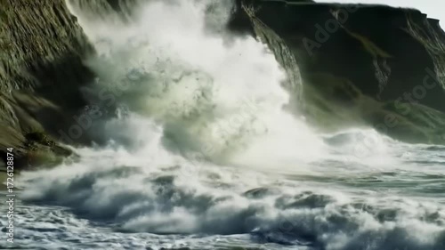 Waves Crashing Against Rugged Cliffs Dramatic Ocean Scene.