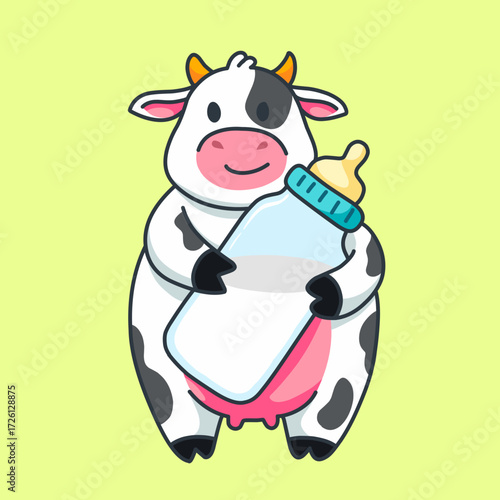 A cheerful cartoon illustration of a cute, spotted cow holding a huge baby milk bottle. This image is perfect for themes of dairy farming, milk products, nutrition, and baby food