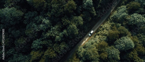 Aerial View of Forest Path - Serene, Dark Green Canopy, Winding Road.