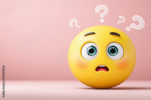 A surprised yellow emoji with big eyes and blush, expressing confusion against a pink backdrop