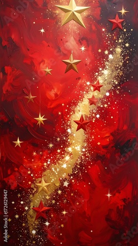 Abstract red and gold artwork featuring a trail of stars
