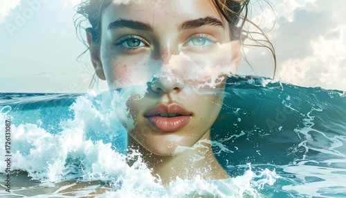 A woman's face, partially submerged in ocean waves, blends with a cloudy sky