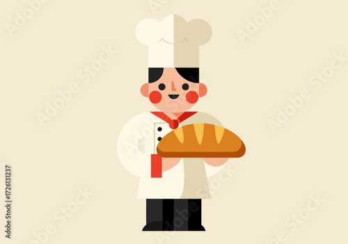 A cartoon baker in uniform holds a loaf of bread against a beige background