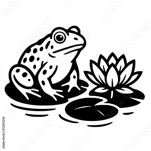 vector silhouette, frog with lotus flower