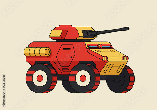 A cartoon armored vehicle with a cannon on a tan background