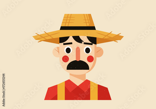 A cartoon farmer with a straw hat red cheeks and a red shirt with yellow suspenders