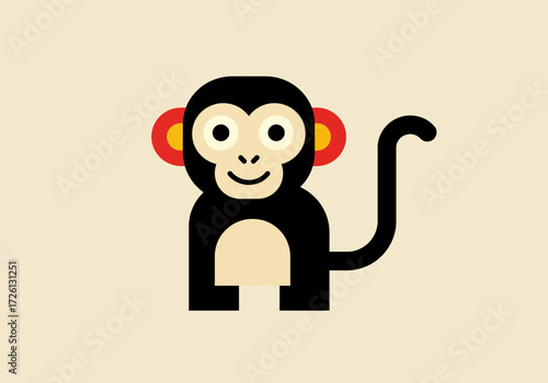 A cartoon monkey with a black body tan face and red and gold ears against a cream background
