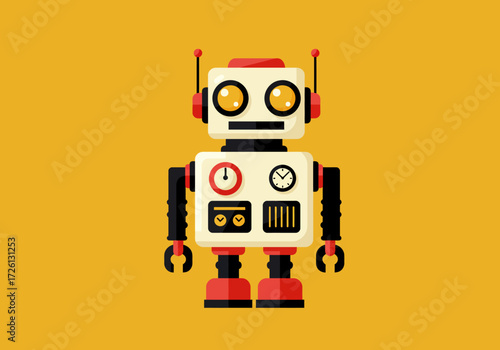 A cartoon robot with a square head round eyes red accents and various mechanical details set against a solid yellow background