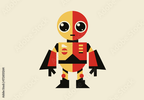 A cartoon robot in yellow red and black stands on a light cream background