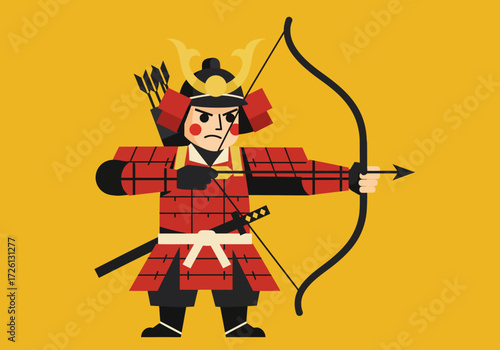 A cartoon samurai warrior clad in red armor and helmet draws back on a long black bow and arrow against a golden yellow backdrop