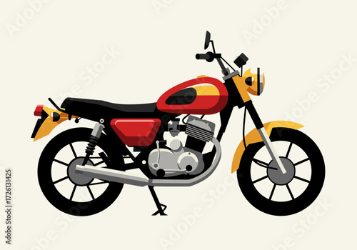 A red and yellow motorcycle with black wheels seat and frame on a light background