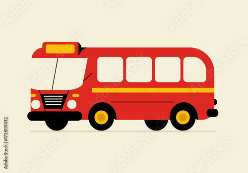 A red bus illustration with yellow accents against a cream background