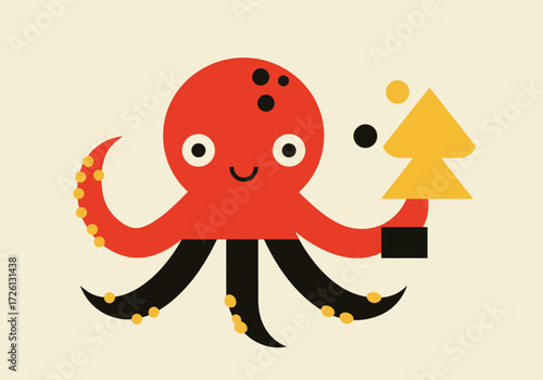A red cartoon octopus holds a yellow tree