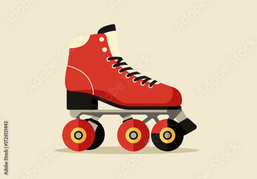 A red hightop roller skate featuring black laces and wheels is shown on a light tan background
