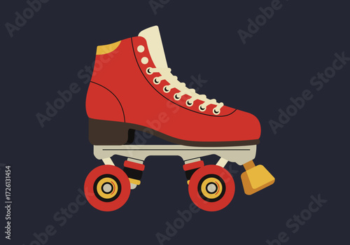 A red retro roller skate with white laces red wheels and a yellow toe stop is centered