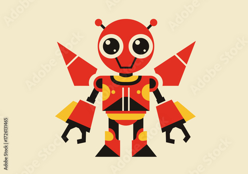 A red yellow and black cartoon robot figure