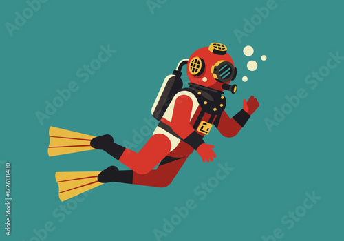 A retro cartoon diver in red suit  helmet floats in tealblue water exhaling bubbles near the top right