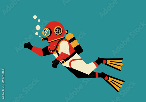 A retrostyled diver in a red helmet black fins and tan suit swims against a teal background blowing bubbles