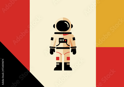 Astronaut figure in spacesuit geometric color blocks surround