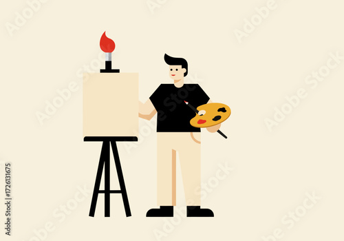 Artist with palette and easel stands ready to paint simple vector art
